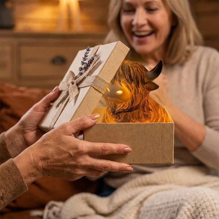 Highland-Kuh Nachtlicht aus Resin – Dekorative Lampe mit warmem Bernsteinlicht