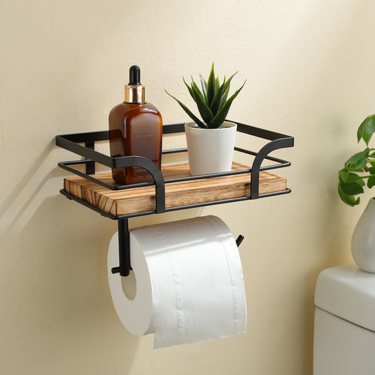 Wandregal mit Toilettenpapierhalter – Metall & Holz