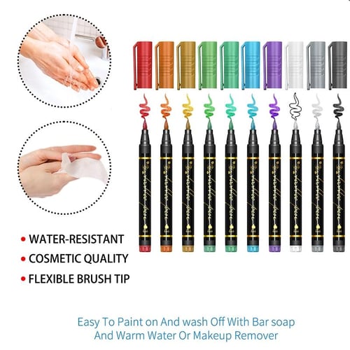 Temporäre Tattoo-Marker Set – 10 Farben mit Pinselspitze