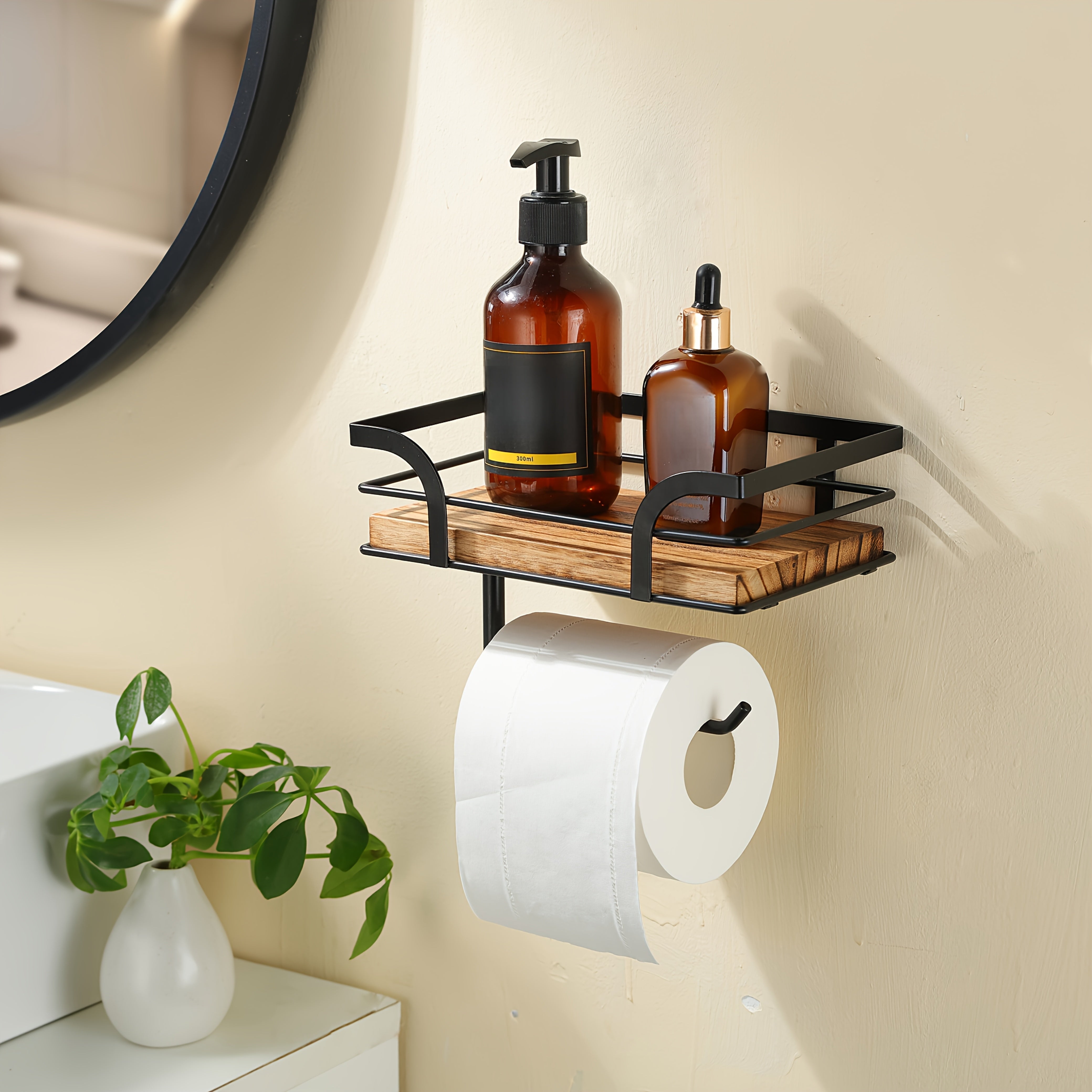 Wandregal mit Toilettenpapierhalter – Metall & Holz
