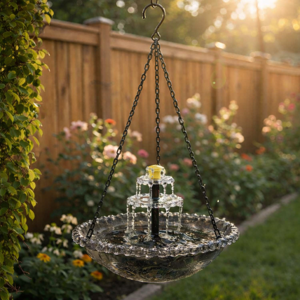 Solarbetriebene Hängende Vogeltränke mit Springbrunnen – Zweistufig