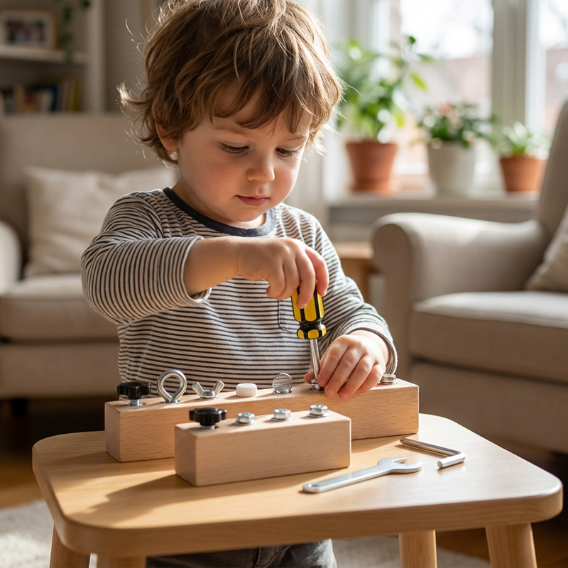 Schraubbrett aus Holz für Kinder – 8 verschiedene Befestiger