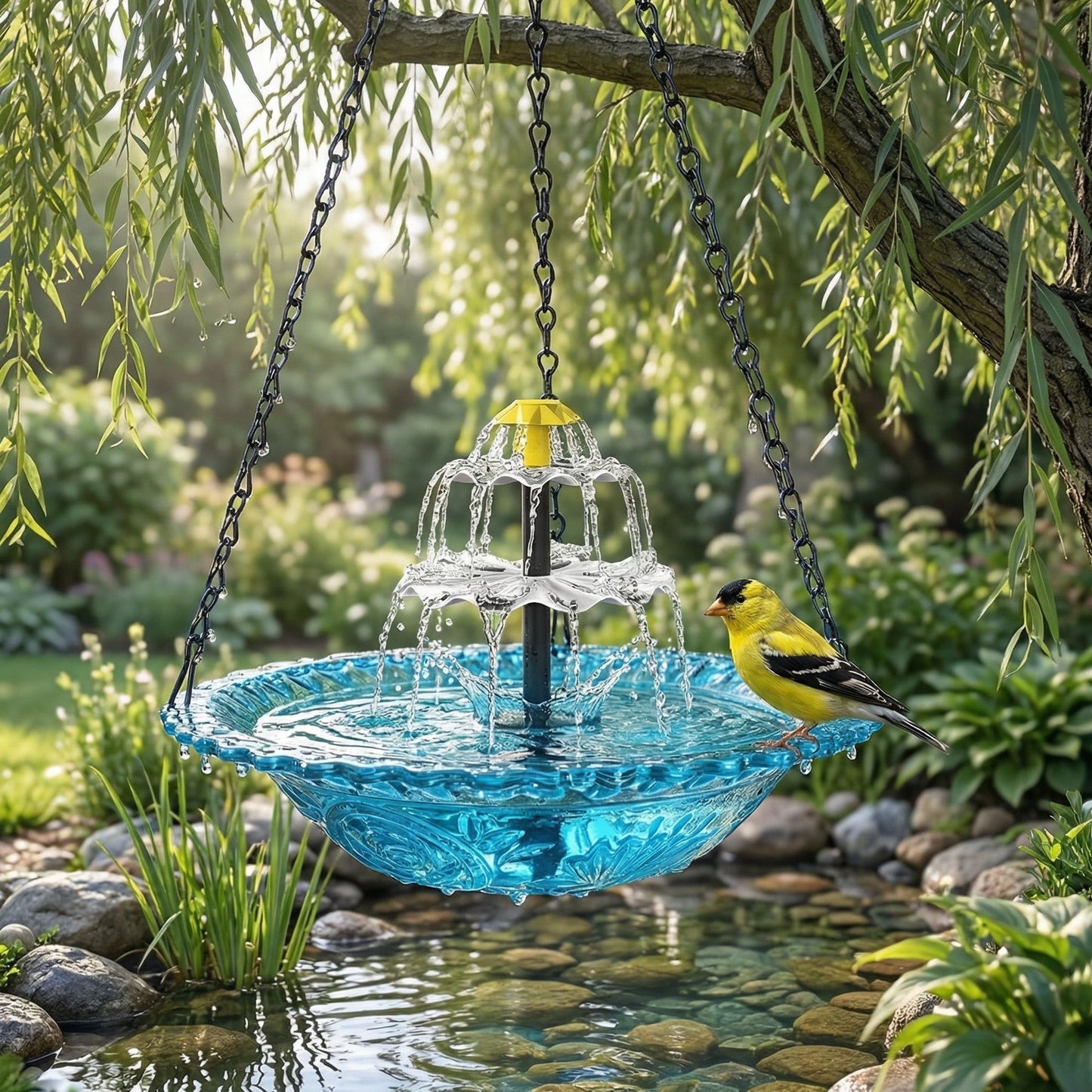 Solarbetriebene Hängende Vogeltränke mit Springbrunnen – Zweistufig