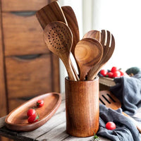 Teakholz Küchenbesteck-Set – 9-teilig mit Halter & Löffelablage