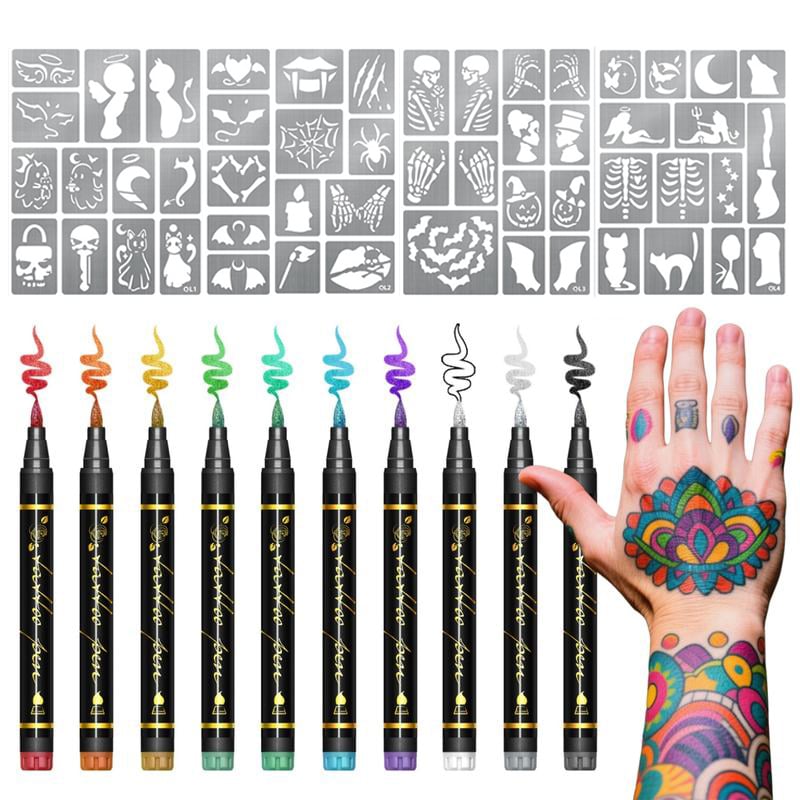 Temporäre Tattoo-Marker Set – 10 Farben mit Pinselspitze