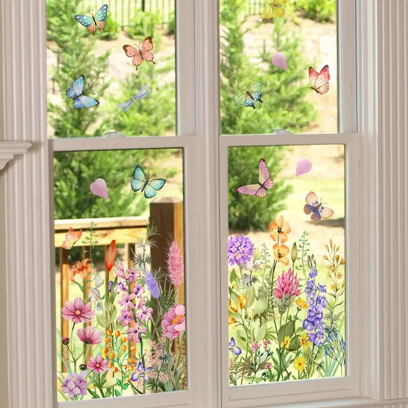 Fensteraufkleber mit Blumen- und Schmetterlingmotiven