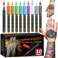Temporäre Tattoo-Marker Set – 10 Farben mit Pinselspitze