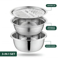Edelstahl-Schüssel-Set mit Reibe und Sieb – 3 in 1