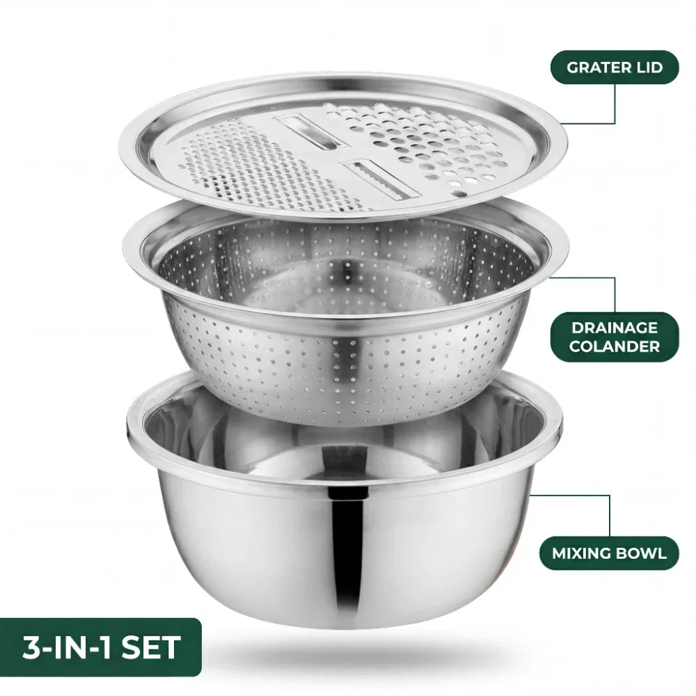 Edelstahl-Schüssel-Set mit Reibe und Sieb – 3 in 1